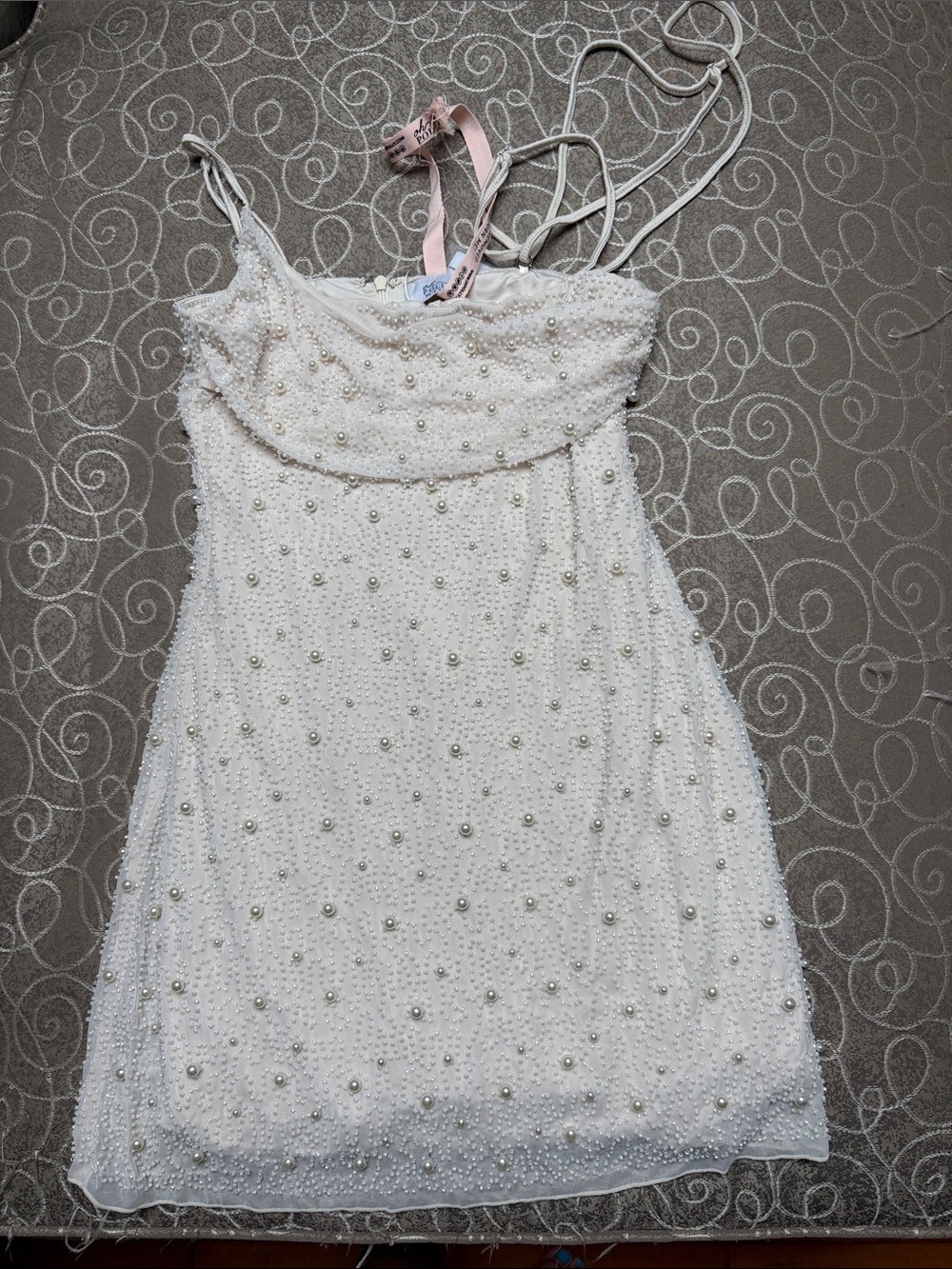 Oh Polly White Pearl-Embellished Mini Dress
